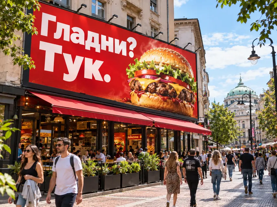Червен билборд с хамбургер над ресторант на оживена улица