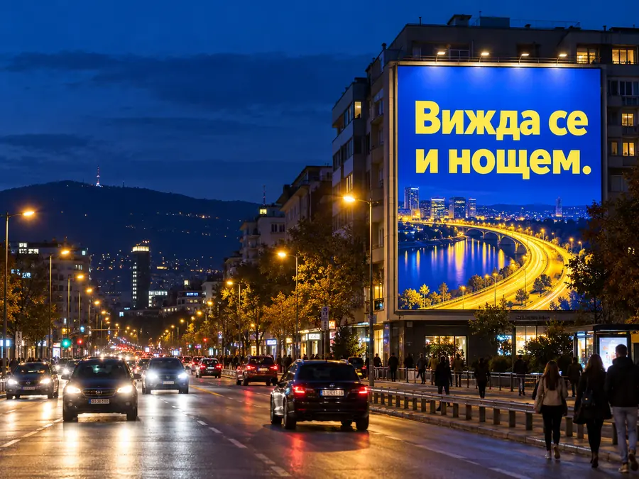Жълт билборд, четим от разстояние през нощта